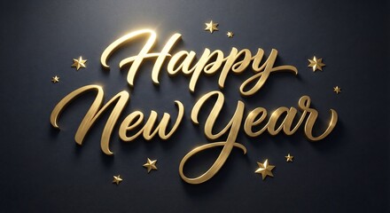 Golden Happy New Year text with stars on dark background celebration greeting