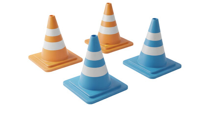 Traffic cones in orange and blue on transparent background
