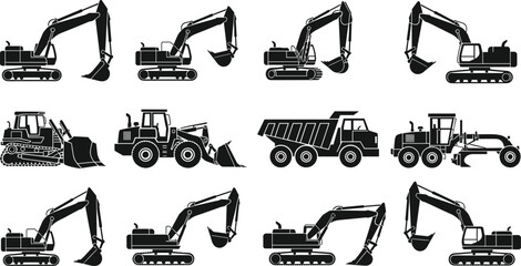 Construction machinery silhouettes set featuring excavators, bulldozer, wheel loader, dump truck and grader icons for industrial engineering design projects © MstHalima