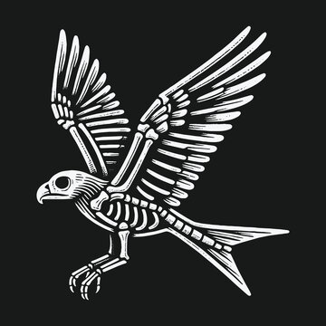 Gothic eagle skeleton with spread wings on black background.