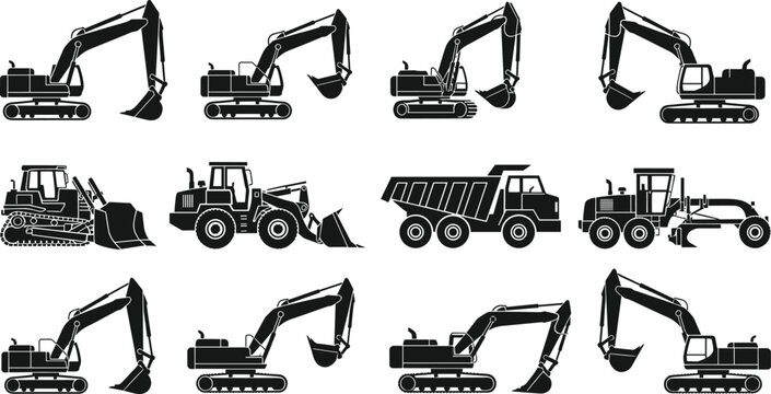 Construction machinery silhouettes set featuring excavators, bulldozer, wheel loader, dump truck and grader icons for industrial engineering design projects