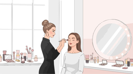 Professional makeup artist applying blush to a clients cheek.