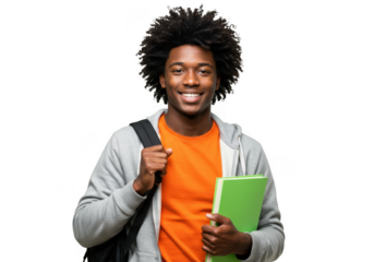 Smiling young man with backpack and books isolated on transparent background