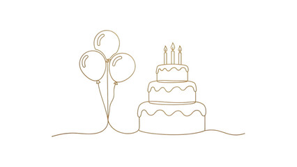 Golden line art birthday cake with balloons on transparent background
