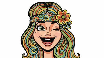 Woman with colorful hair and headband smiling.