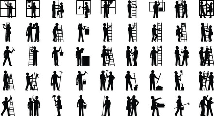 Construction workers silhouettes set showing builders, painters, electricians, plumbers and teamwork activities for industrial labor and building design projects