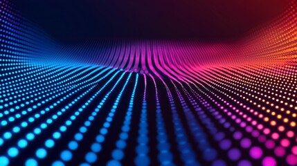 A vibrant abstract image featuring a wave of colorful dots in blue, purple, and pink, creating a dynamic, flowing design.