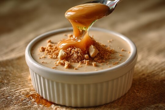 Close-up of Manjar Blanco in ramekin, spoonful of delicious caramel sauce dripping down sides. Concept of warm, inviting indulgence, showcasing sweetened milk caramel Latin American.