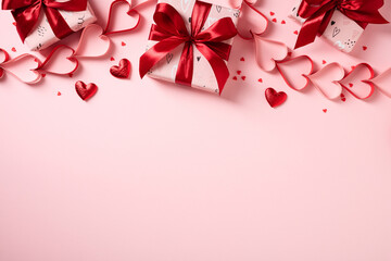 Top border of Valentine gifts and heart decorations on pink background.