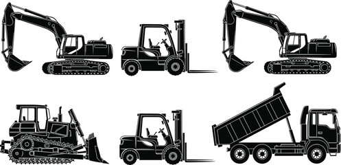 Heavy construction equipment silhouettes set with excavator, forklift, bulldozer, dump truck icons for industrial engineering and construction design © MstHalima
