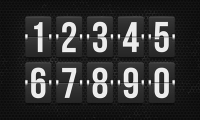 Mechanical scoreboard. Black flip board with white numbers for alarm timers, airports, sports events, date displays, and countdowns. Clock counter panel. Vector illustration.