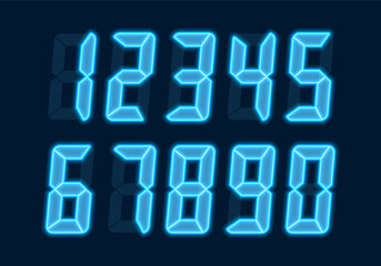 Digital glowing numbers. Blue LCD figures for a electronic devices, clocks, calculators, and scoreboard interfaces. Vector illustration.