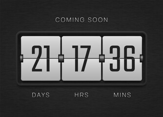 Countdown timer. Clock counter panel. Mechanical scoreboard with white numbers for alarm timers, airports, sports events, date displays, and countdowns. Vector illustration.