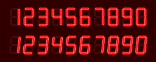 Digital glowing numbers. Red LCD figures for a electronic devices, clocks, calculators, and scoreboard interfaces. Vector illustration.