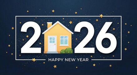 Happy New Year 2026 House Illustration with Stars and Confetti on Dark Blue Background home real estate