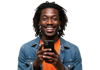 Man with dreadlocks holding a smartphone isolated on transparent background