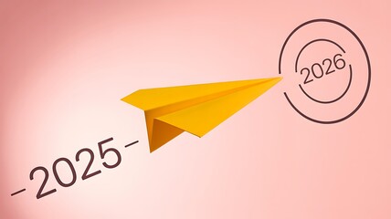 A yellow paper airplane flies from 2025 into 2026 on a pink background