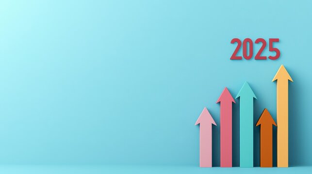 A vibrant graphic representing growth trends with colorful arrows and the year 2025 prominently displayed against a blue background. - Powered by Adobe