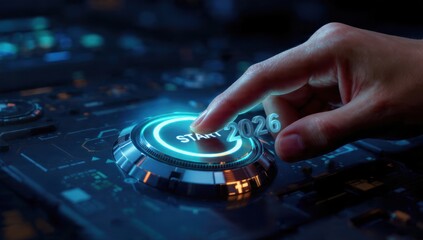 Hand presses a glowing blue START button with the year 2026, symbolizing the launch of new business goals, technology initiatives, and future strategy plans.