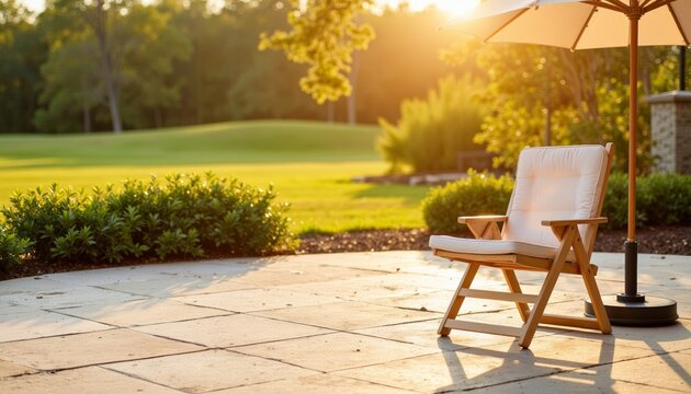 Wooden lounge chair under parasol in sunlit garden patio  