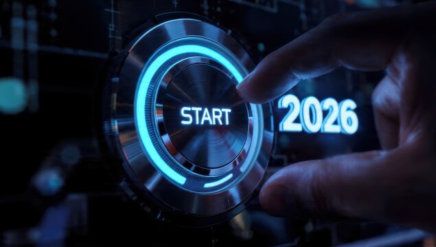 Start 2026: Hand pushing futuristic blue illuminated digital button on a dark technical dashboard, representing new beginnings, innovation, business planning, and technology goals. - Powered by Adobe