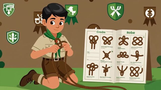 Scout Demonstrates Knot Tying Techniques for Educational Purposes With Diagrams And Rope