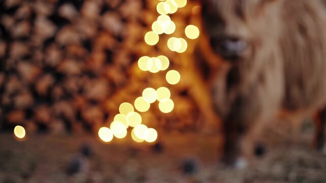 Highland cow grazing by stacked wood with festive lights in cozy evening setting