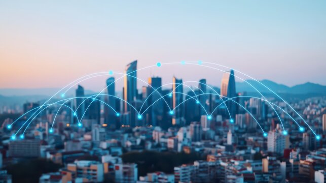 A vibrant city skyline at sunset, enhanced by digital connectivity illustrations, symbolizing urban growth and technological advancement. - Powered by Adobe