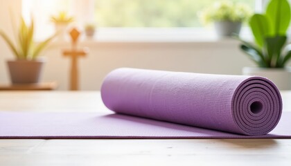 Obraz premium Rolled purple yoga mat on wooden floor with indoor plants in sunlight 