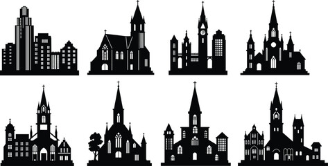 Fototapeta premium Church icons, religious building silhouettes, black outline structures, steeple symbol, cross branding, clock tower concept, spire badge, sacred design