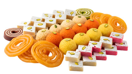 Assorted Indian sweets on transparent background, colorful traditional desserts