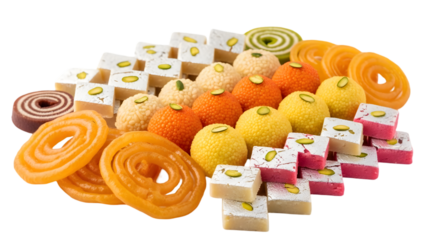 Assorted Indian sweets on transparent background, colorful traditional desserts