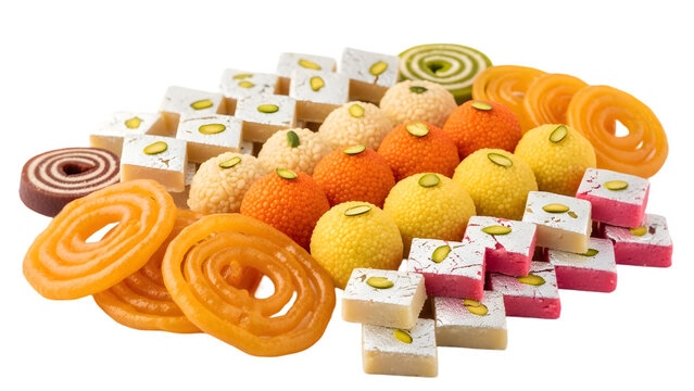Assorted Indian sweets on transparent background, colorful traditional desserts
