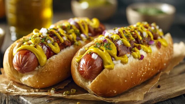 Tasty and easy hot dogs topped with mustard, Savory hot dogs garnished with mustard, placed on a soft bun