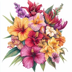 Vibrant tropical floral bouquet illustration, isolated, design element