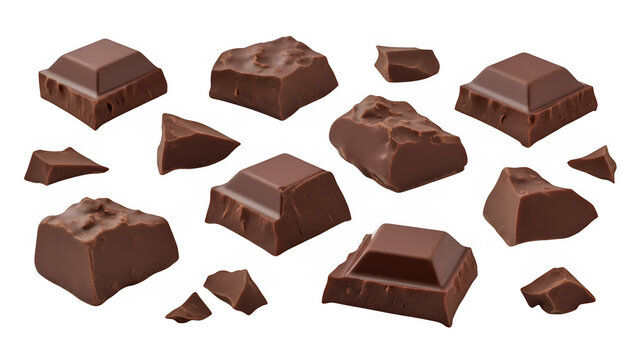 Assorted dark chocolate chunks and broken pieces, isolated on white or transparent background. PNG