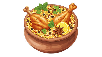 Delicious chicken biryani in a clay pot on transparent background