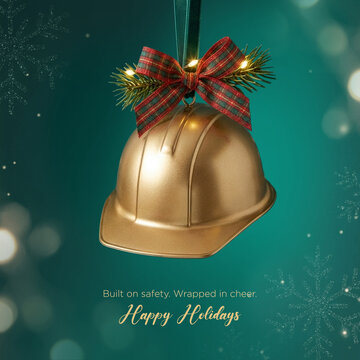 Conceptual Hard Hat christmas bells with red ribbon decor