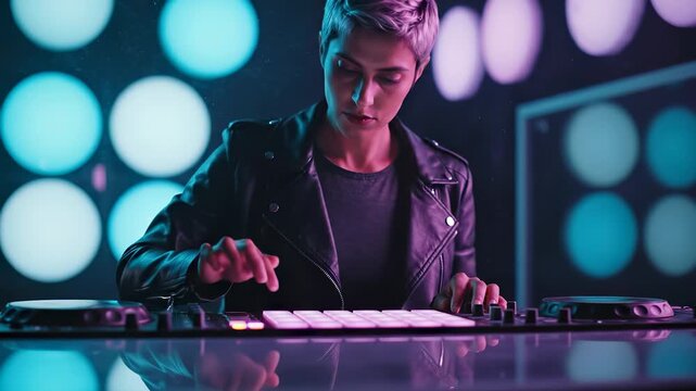 Woman DJ performs music on keyboard controller with neon lights. Female musician plays electronic keyboard in studio. DJ creates music with midi controller. Woman performs on keyboard with neon.