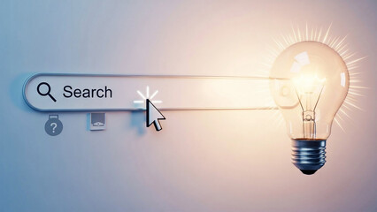 Search bar with cursor and glowing light bulb symbolizing idea mouse pointer