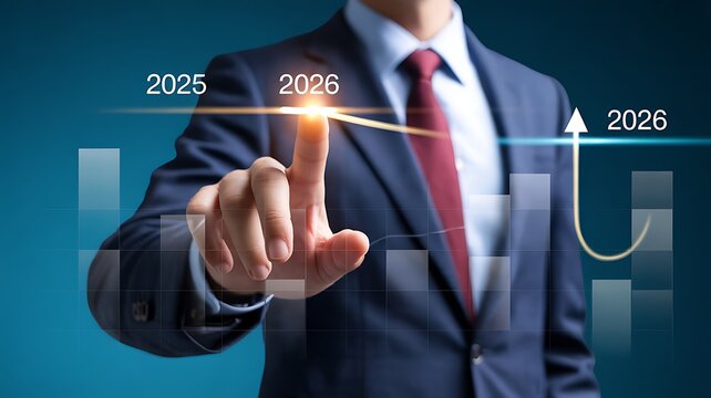 Businessman in suit pointing to 2026 on a futuristic graph with upward trend - Powered by Adobe