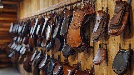 Brown leather saddles hanging on wooden wall in stable
