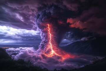 Volcanic eruption lights up the sky with lightning strikes over dark clouds
