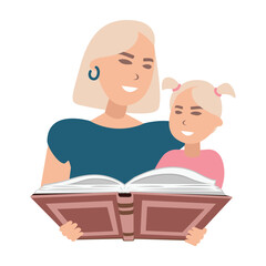 Happy mother reading a book to her daughter. Child development and learning. Vector illustration.