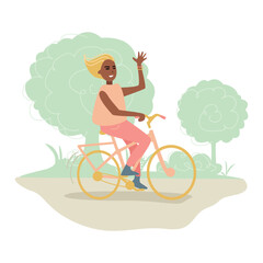 A happy girl rides a bicycle through the park, waving her hand. Healthy and active lifestyle. Vector illustration.