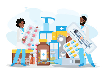 Cheerful doctors collecting medications for a patient. Pharmacist's Day. Ordering medicines at the pharmacy through a smartphone app and on the website. Vector illustration.
