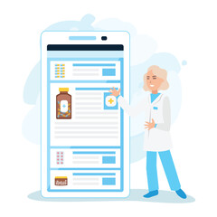 A cheerful pharmacist shows an application for ordering medicines online. Pharmacist's Day. Pharmacy online. Vector illustration.