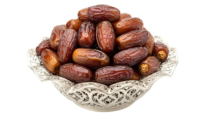 Dates in a decorative silver bowl on transparent background