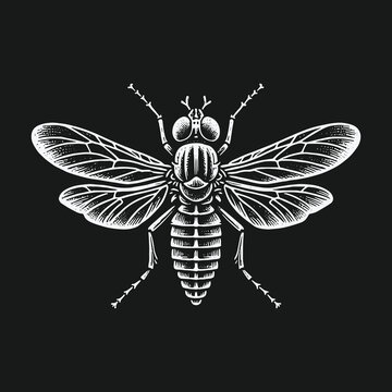 Detailed fly insect illustration in vintage engraving style on black background.