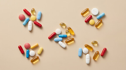Organized Collection of Colorful Medical Pills and Capsules on a Neutral Beige Surface for Healthcare and Wellness Concepts
